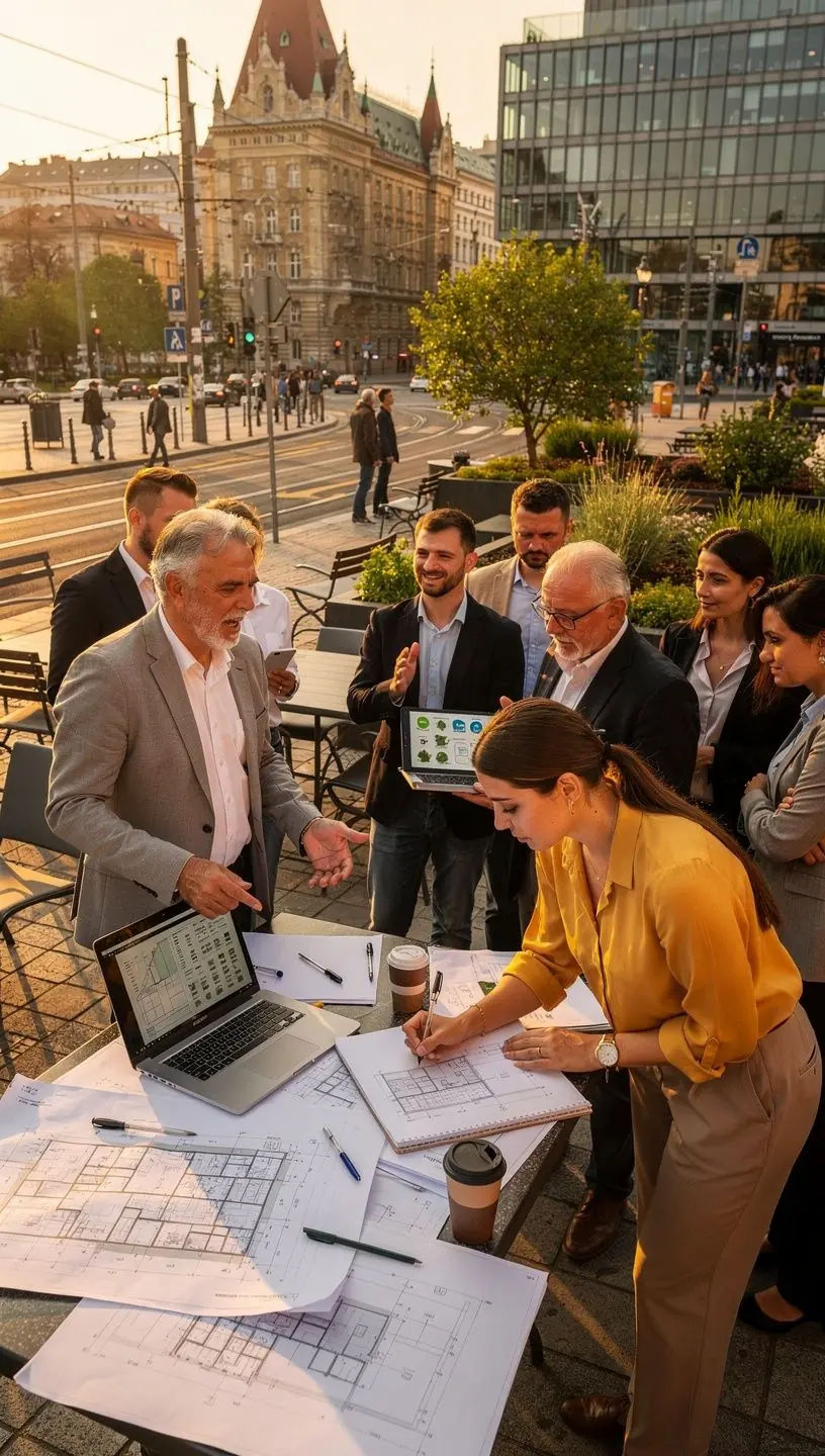 Környezetbarát anyagokból készült épület homlokzata, zöld növényzettel körülvéve.